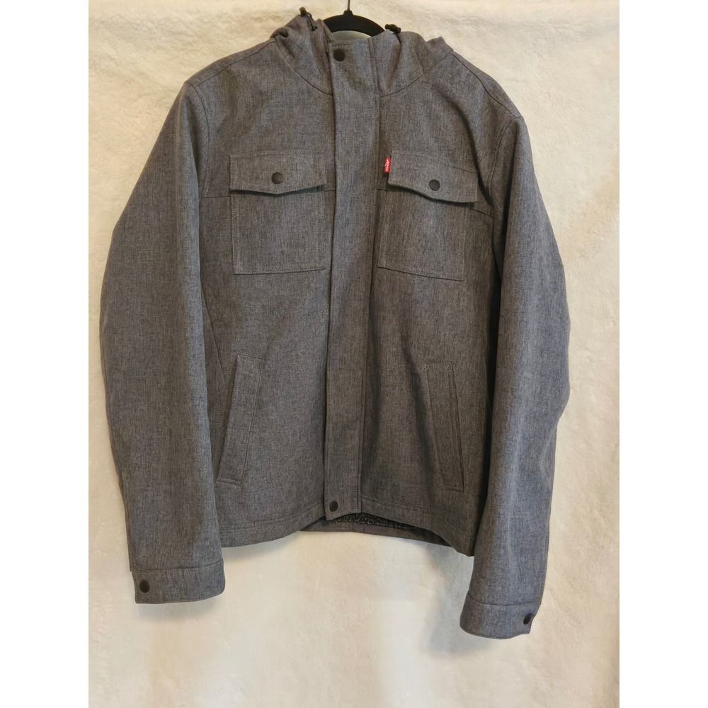Levis Mens Medium Gray Hooded Softshell Jacket Sherpa Lined Full Zip Coat